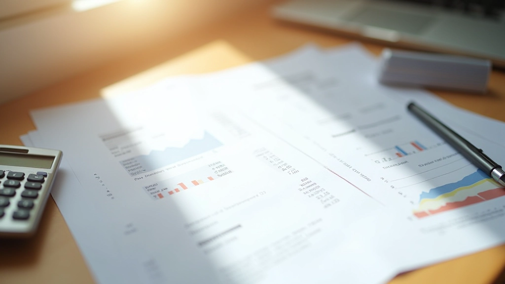 Tableau financier avec des colonnes de chiffres et un graphique de flux de trésorerie sur papier blanc