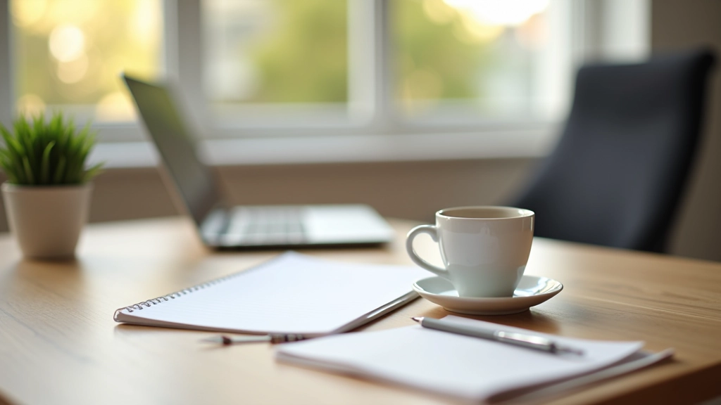 Espace de travail avec ordinateur portable, cahier de comptabilité et café sur un bureau en bois clair