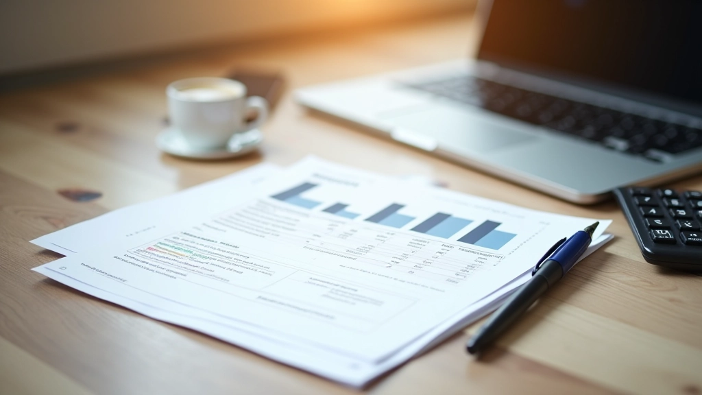 Bureau de travail avec documents financiers, calculatrice et ordinateur portable sur un bureau en bois clair